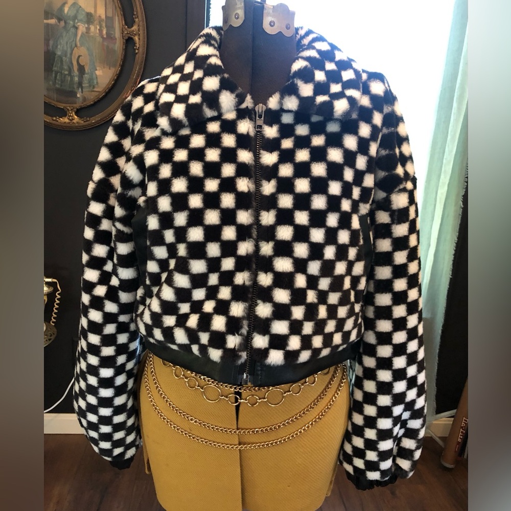 Black & White Faux Fur Coat with Faux Leather trim details - Size Small